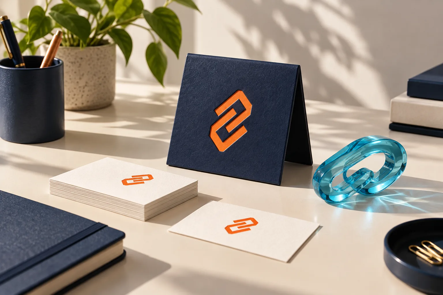 Coordinated navy and orange brand stationery with a cyan link ornament