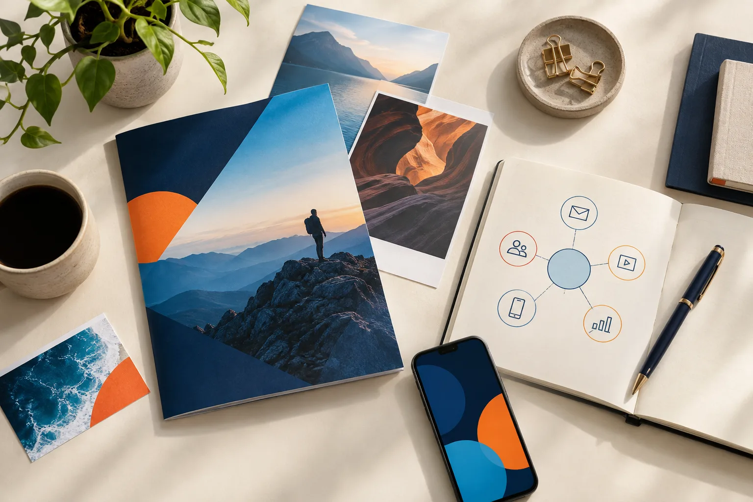 Brochures, a phone and a campaign planning notebook on a creative desk