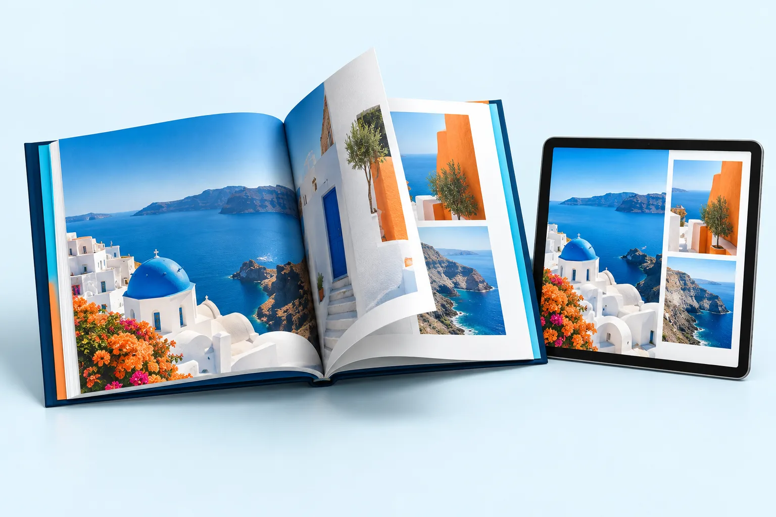 An open brochure with a turning page beside its matching digital edition on a tablet