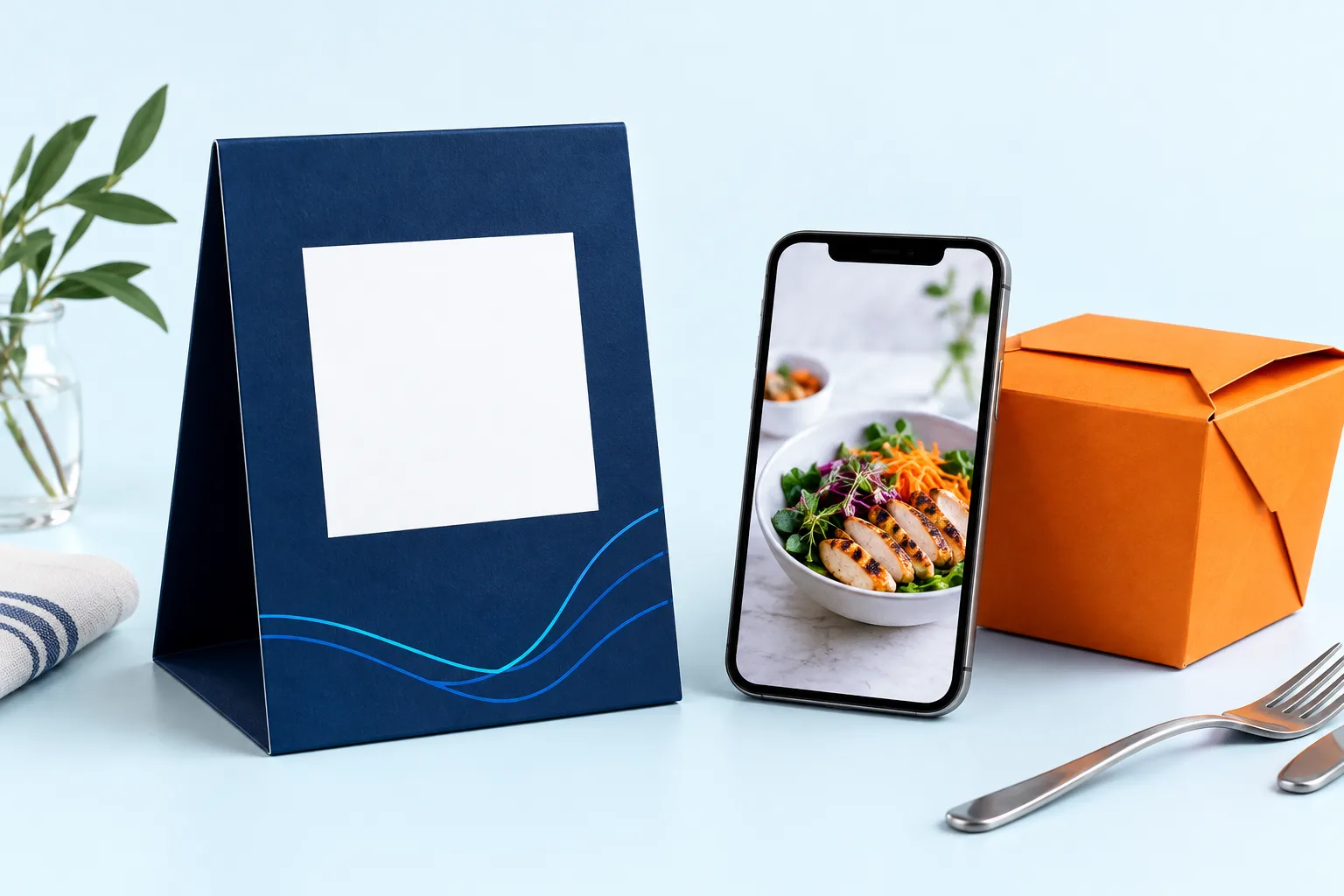 A restaurant menu stand, mobile menu and takeaway packaging connect printed materials to digital content