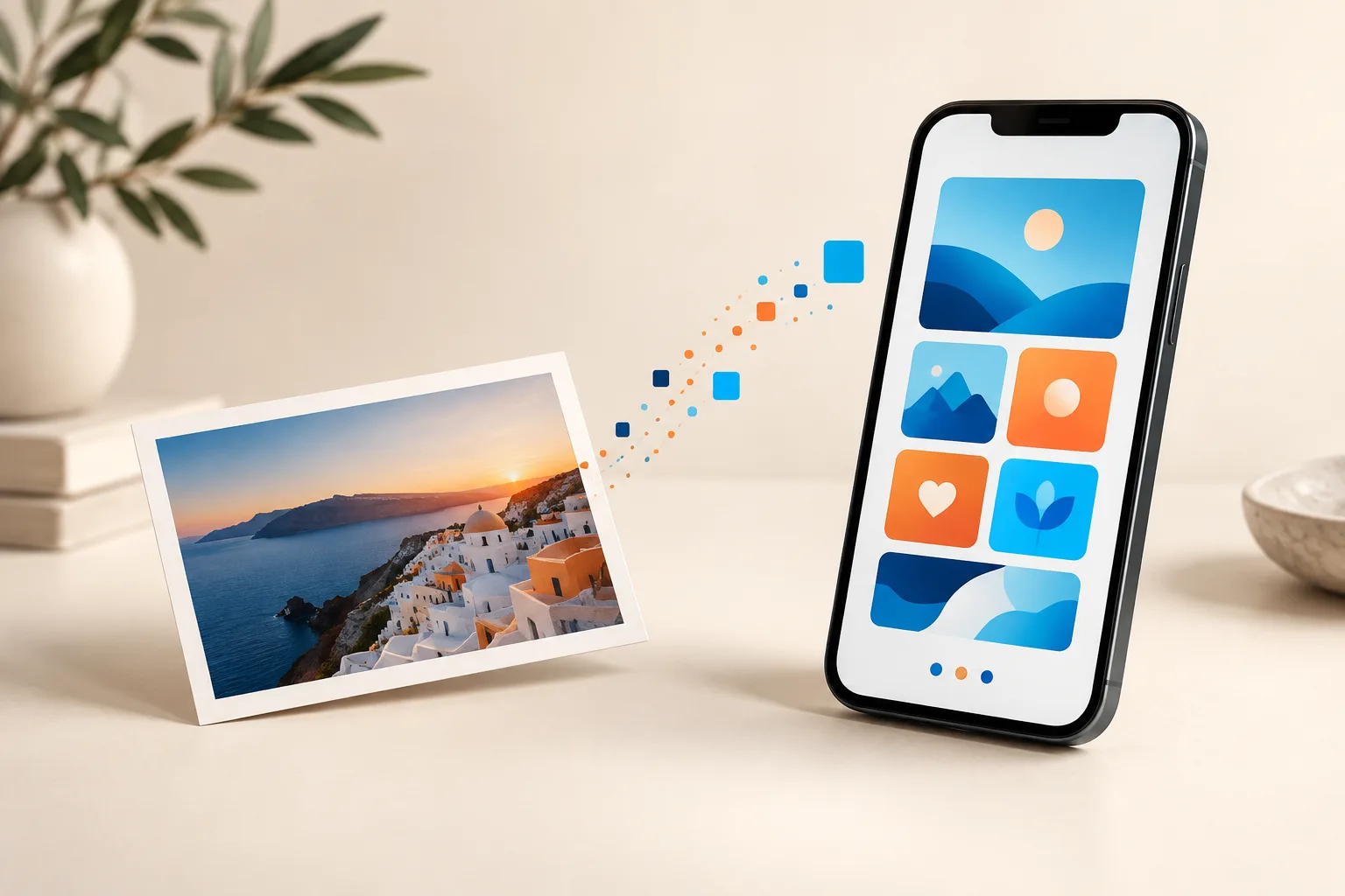 A travel card connecting to illustrative app tiles on a phone